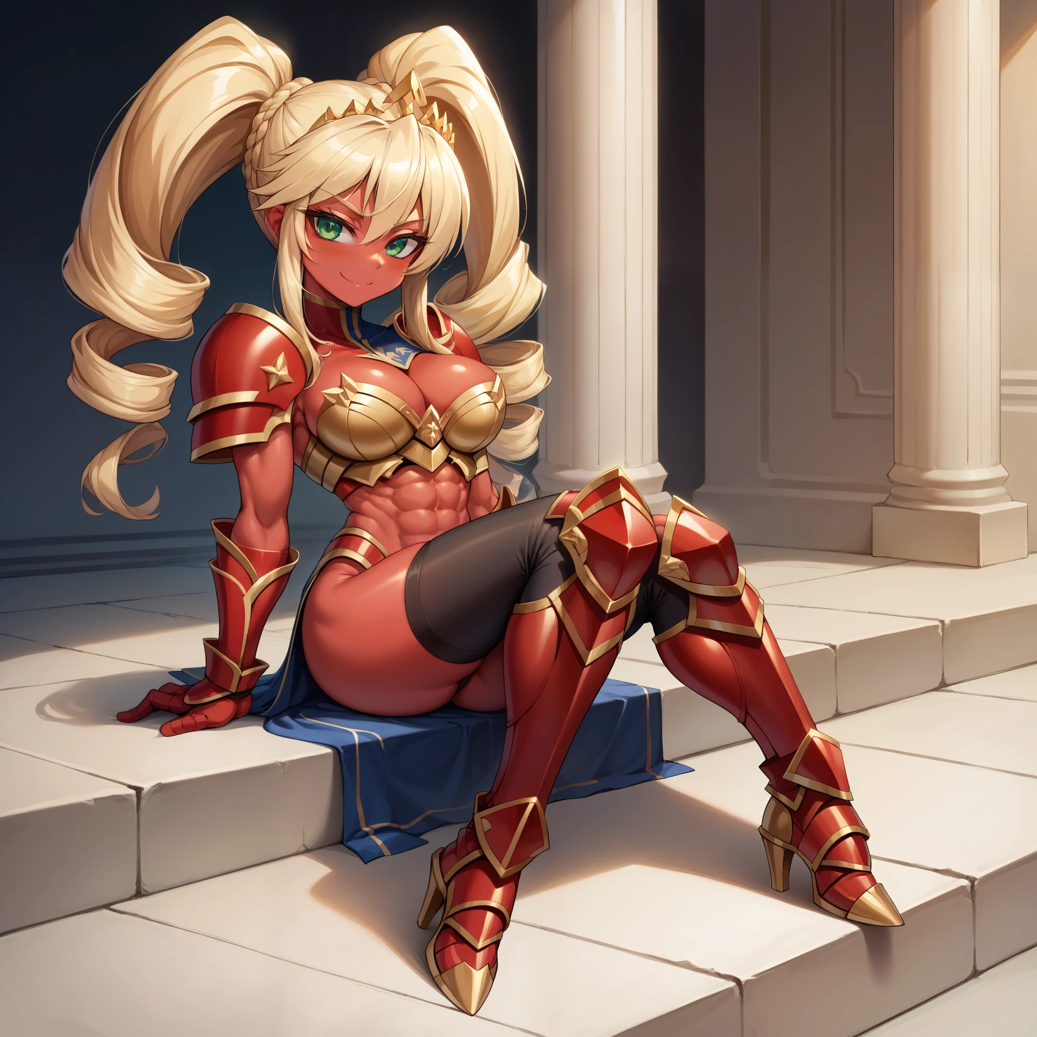 Lancer Artoria, elegant adult female, blonde, green eyes (yellow eyelashes) crown, turtleneck, full body sitting on a bench, showing ass to me, RED breastplate, RED skin (1SologirlRED skin:1.2), looking at viewer, shiny, armor, thigh highs, high boots, pauldrons shoulder armor, faulds, poleyn, RED gloves gauntlets, rerebrace, RED military armored boots, yordle muscular lean platinum blonde long twin tails hairstyle at the bedroom lustful smirking smile face red blushed, blush, strong abs, female body builder, tiara, twin drills hair, (masterpiece, best quality, ultra detailed, best shadow)