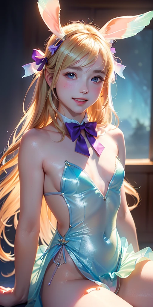 masterpiece, best quality, extremely detailed CG unity 8k wallpaper,((Upper Body)) ,((Upper Body head close-up shot of a beautiful  girl)), , Elegant Long straight blonde hair, (Mckenna Grace), ((flat chest,thighs,Autoluminescence skin)), (Purple-blue) golden (Transparent Glittering tutu,long Bunny Ear Headgear, , Bow-tie, No panties, genitals visible), ((spread legs)),(), (Blush), , (seductive smile), (Night), pretty face, key art, award winning, intricate detail realism hdr, by (ruan jia and artgerm and range murata), Photorealism, Hyperrealism, ultra realistic, dramatic light, intense shadows, gorgeous view, depth of field