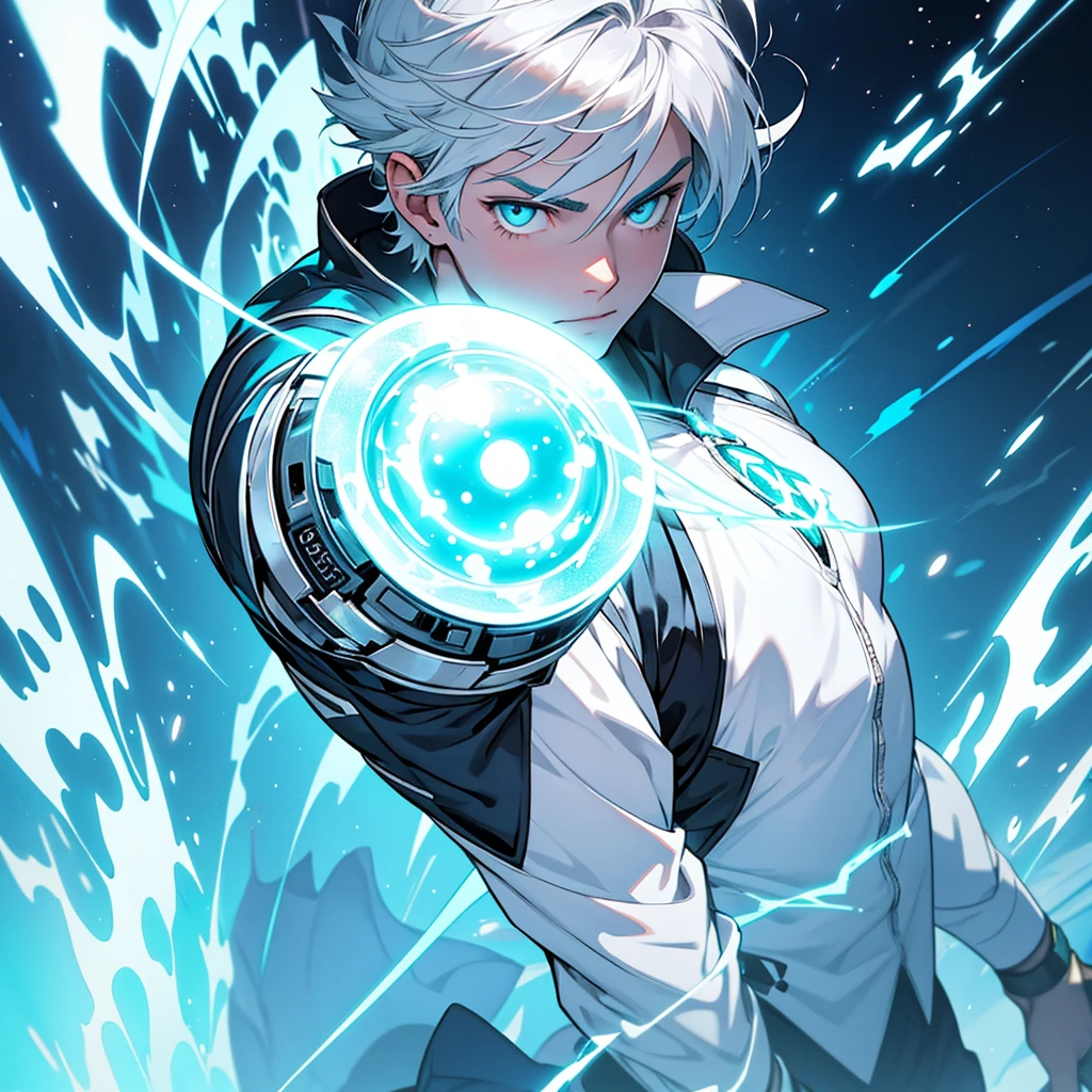 The short silver-haired hero with the power to have any power to conjure bolts of cosmic energy, adolescent, white clothes, cyan and silver. slim and beautiful
