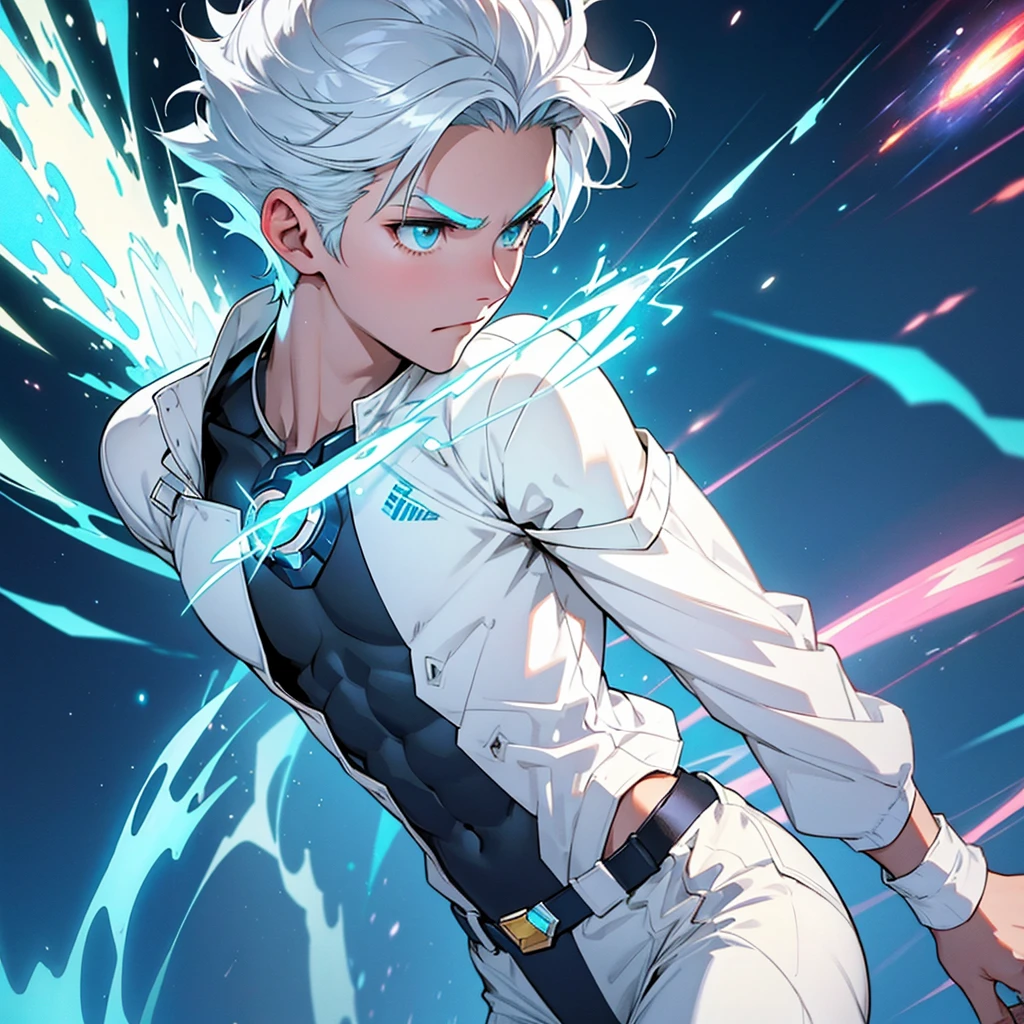The short silver-haired hero with the power to have any power to conjure bolts of cosmic energy, adolescent, white clothes, cyan and silver. slim and beautiful