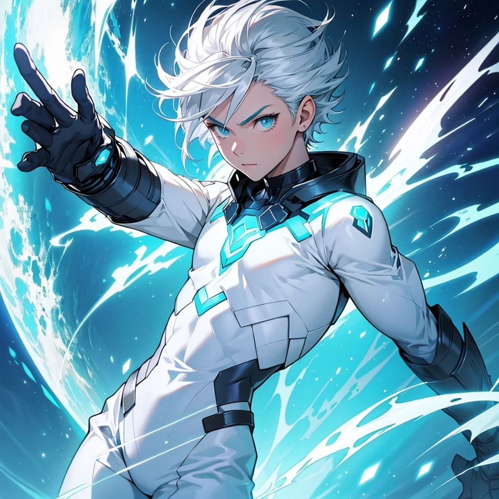 The short silver-haired hero with the power to have any power to conjure bolts of cosmic energy, adolescent, white clothes, cyan and silver. slim and beautiful