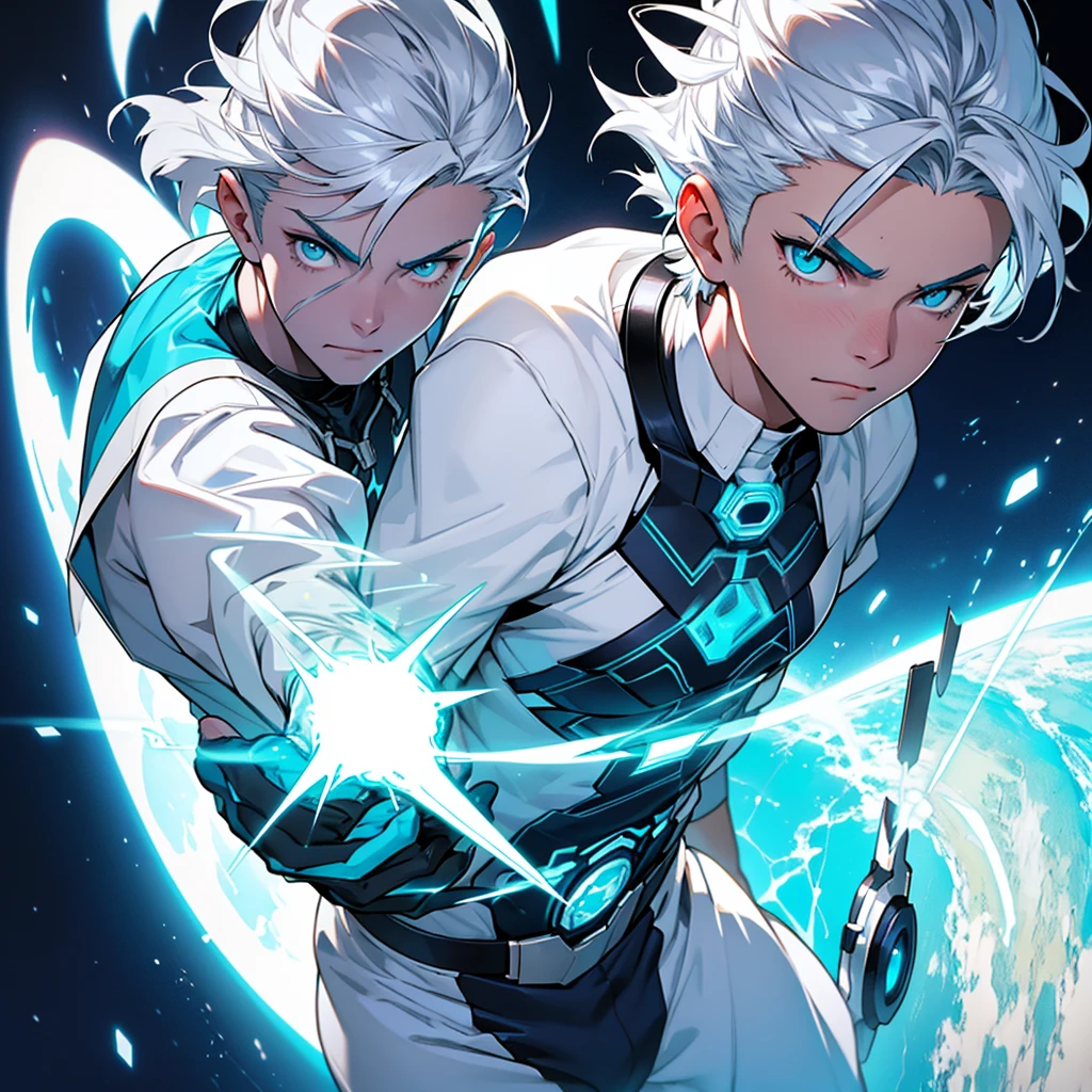 The short silver-haired hero with the power to have any power to conjure bolts of cosmic energy, adolescent, white clothes, cyan and silver. slim and beautiful