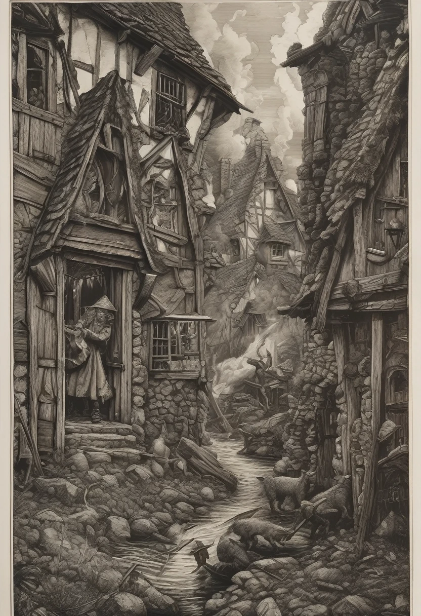 (Award-winning masterpiece:1.5), (incredible detail), (hyper realistic:1.4), (whole body:1.7), (medieval witch village under attack), (brutal creature launching an assault), (houses ablaze), (witches screaming in panic), (detailed depiction of destruction), (dramatic lighting), (intricate details:1.1)