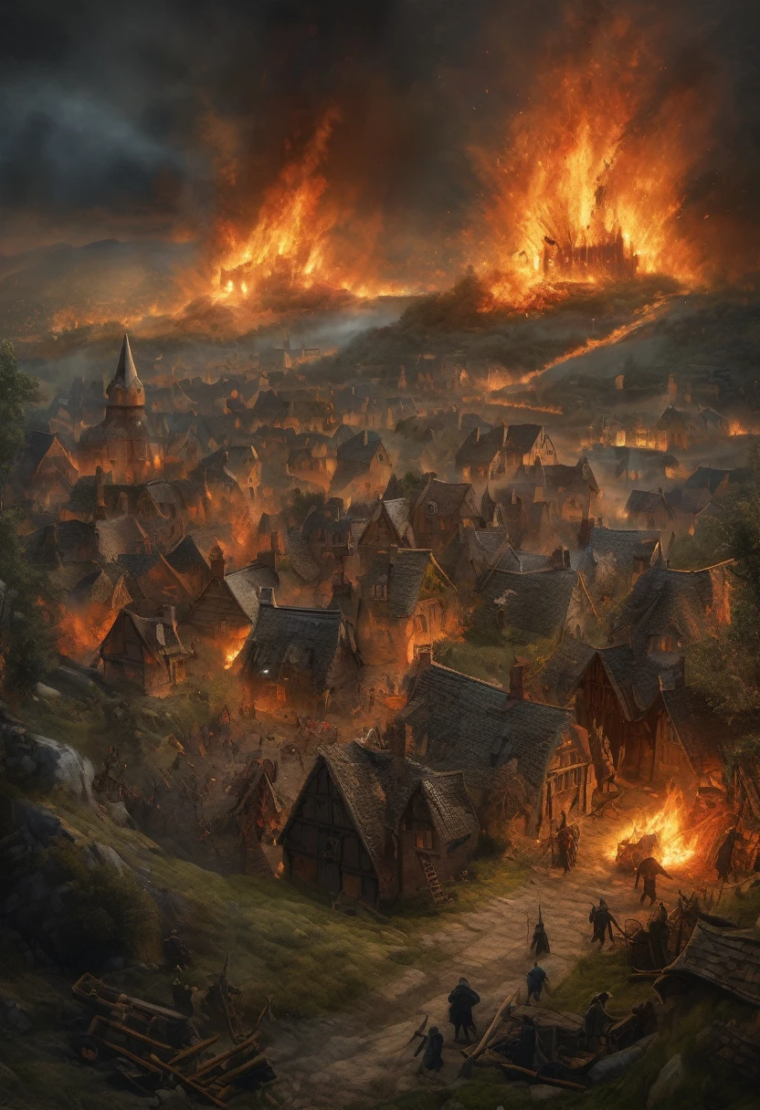 (Award-winning masterpiece:1.5), (incredible detail), (hyper realistic:1.4), (whole body:1.7), (medieval witch village under attack), (brutal creature launching an assault), (houses ablaze), (witches screaming in panic), (detailed depiction of destruction), (dramatic lighting), (intricate details:1.1)