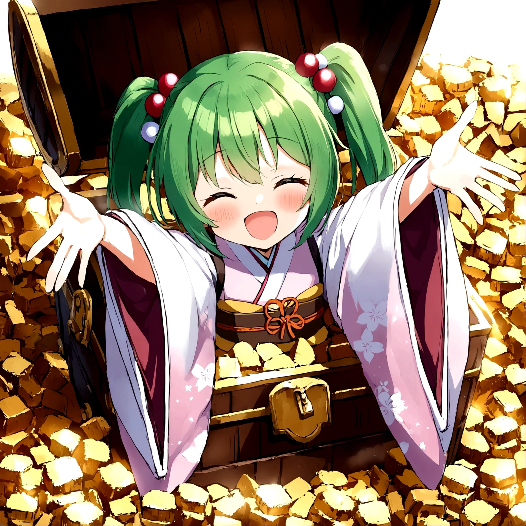 1girl, solo, blush, smile, short hair, open mouth, hair ornament, long sleeves, twintails, closed eyes, japanese clothes, green hair, wide sleeves, kimono, outstretched arms, hair bobbles, Treasure Chest, in container, wooden Treasure Chest, in Treasure Chest, kisume