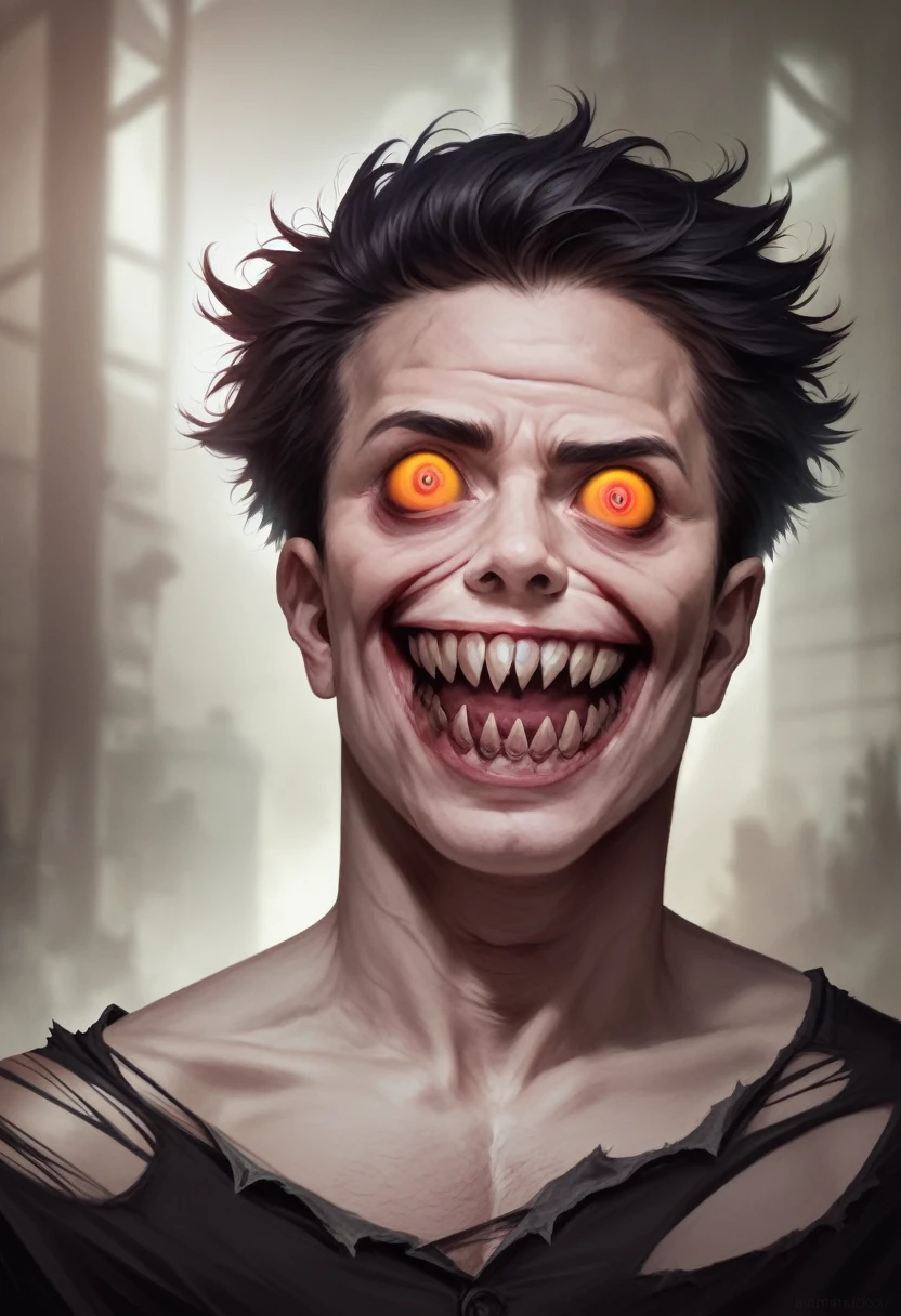 a very short shirtless boy with torn pants, red spiky hair, large bright eyes, sharp teeth, and a malicious smile, extremely detailed face, (best quality,4k,8k,highres,masterpiece:1.2),ultra-detailed,(realistic,photorealistic,photo-realistic:1.37),solo,portrait,horror,dark fantasy,dramatic lighting,cinematic,highly saturated colors