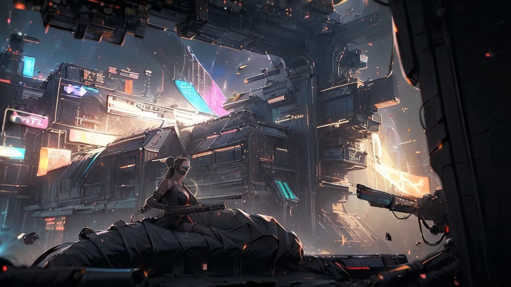 brightly colored abstract image of a space station with a spiral, epic beautiful space scifi, chaotic cinematic space rift, greg beeple, planets colliding, beeple and tim hildebrandt, beeple and jean giraud, end of the universe, galaxy space sci-fi, ringworld, by Mike "Beeple" Winkelmann. Matrix style, (((((Matrix cascading code))))), (((((a futuristic twin tower skyscraper with a unique twisted design))))), (((((OLED GUI interfaces in the building))))), at night, (((((1girl, solo))))), photo realistic, (((large-breast:1.2 slim body, cleavage))), (((off broken mini sling-shirt and black sling bra, extreamly short pleated miniskirt exposing panty))), (((((running pose))))), (((((((matrix style black micro sunglasses))))))), ((((((((((aiming with a short gun)))))))))), (((((looking at camera))))), (((very low view))), (((((half-body thigh level medium shot))))), (((cinematic lighting))).