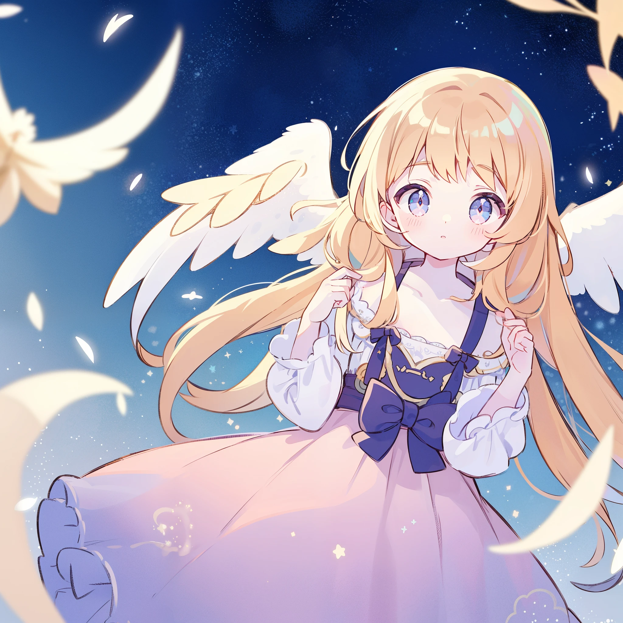angel girl wearing an ethereal translucent dress, pale skin and light pink hair, white feathers, angel wings, sparkling detailed eyes, golden ratio face, perfect composition, highly detailed, ethereal, (starry night sky background), midjourney style