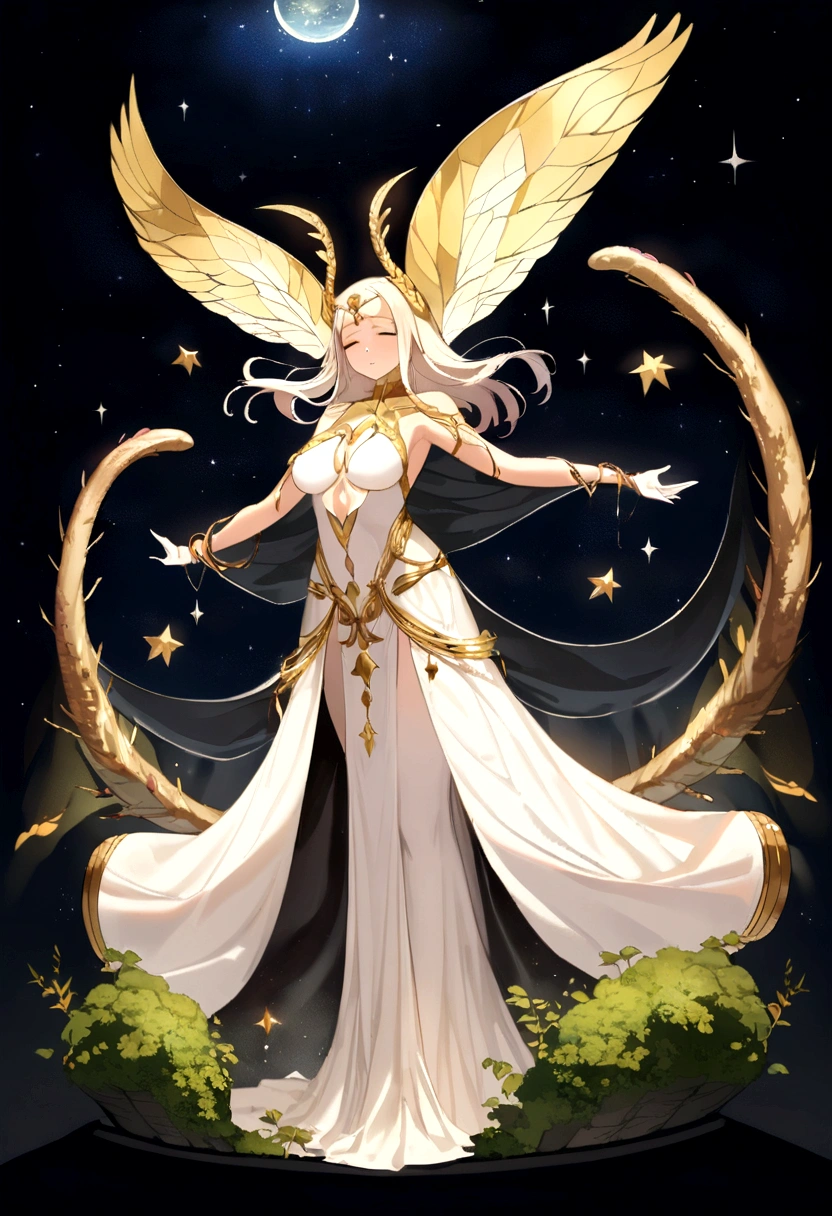 (Dark Environment: 0.8), Dark Shadows, The curse spreads..., insect parasites, Moss, Black moss scales, Shrimp skin, Plant parasites, Leaf growth, Leaf scales, vine, Insect Boy, Vegetable man, Lonely, Main platform, Amber Eyes, Insect Absorption, Characteristic a big number of insects..., Soft Wing, arthropod, Multiple hands, Catch a glowing butterfly,nail, Characteristics of a big number of plants, There is a lot of love swirling around the protagonist....，close your eyes，Open your mouth，Red face，Male student， I wore，The reproductive organs are slightly elevated...，Color，，Very cute face...，Esbian Full Body，，，big  ，big ，big ，(masterpiece、Highest quality、High resolution、8K、16K)、((Alone in space、Beautiful Goddess、Standing posture、フローティング in the sky like a star))、(whole body)、Golden Cape、White long dress、Sleeveless、Gold Bracelets、Blonde、Beautiful brown eyes、Detailed face、Elegant operation、close your eyes腕を上げてください、Professional Lighting、The universe is full of light、Countless stars and nebulae、