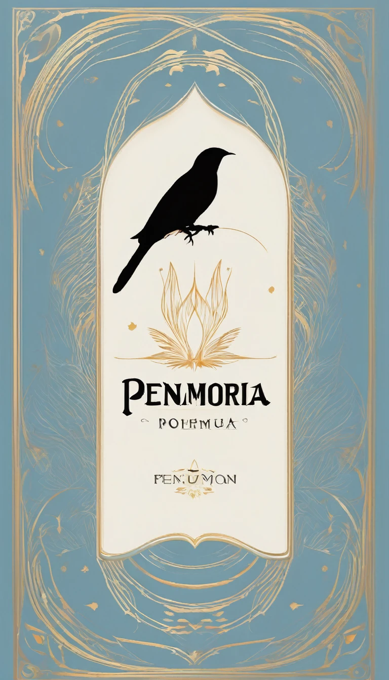 A minimal, modern, simple, cinematic logo design for the brand “Penamemoria". The logo design must be a simple, silhouette of a boy, standing up, playing acoustic guitar and fantasy feather by his side. The logo must convey a sense of music, stories, memories and dreams. Logo design impressed on a book cover. Minimalistic logo. Light blue, soft white and light golden as colors for the logo design