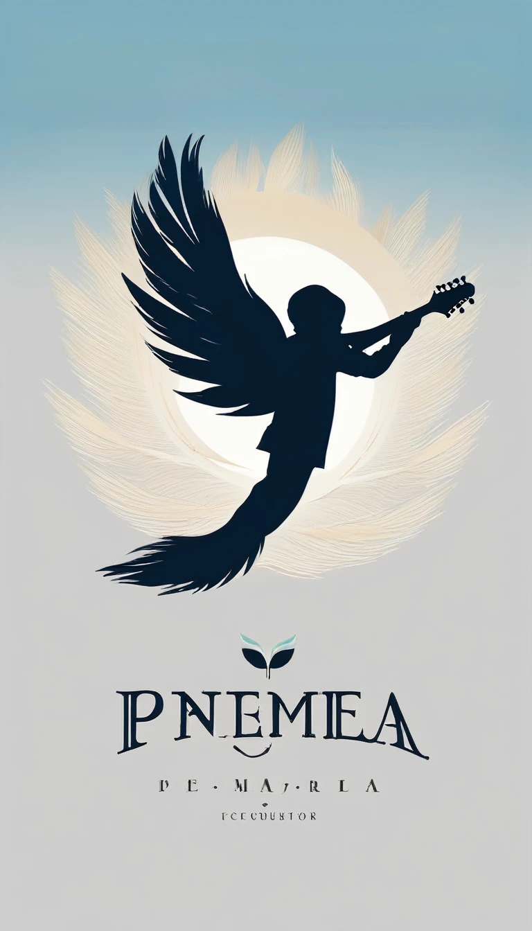A minimal, modern, simple, cinematic logo design for the brand “Penamemoria". The logo design must be a simple, silhouette of a boy, standing up, playing acoustic guitar and fantasy feather by his side. The logo must convey a sense of music, stories, memories and dreams. Logo design impressed on a book cover. Minimalistic logo. Light blue, soft white and light golden as colors for the logo design