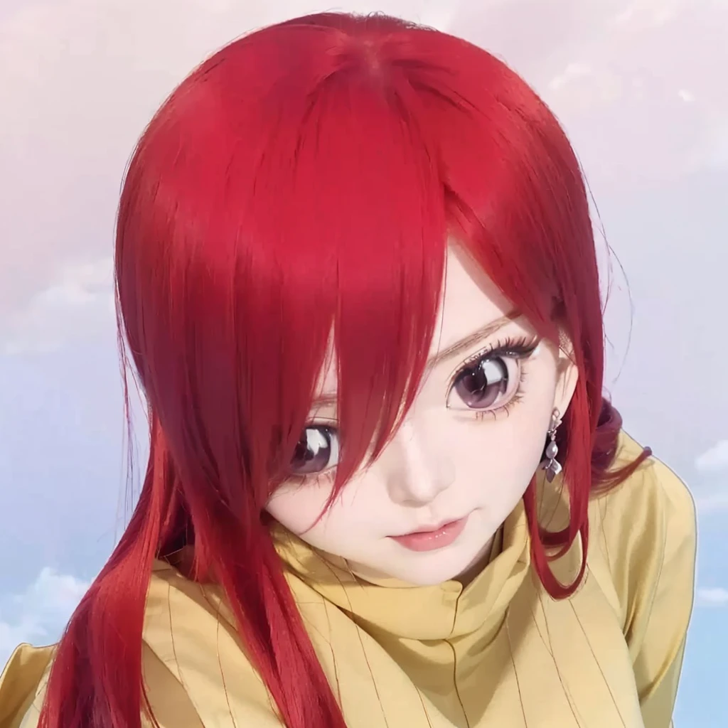 anime girl with red hair and a yellow shirt, erza scarlet as a real person, anime girl named lucy, she has red hair, anime style”, with red hair, female anime character, she has long redorange hair, sakimi chan, (anime girl), with long red hair, anime character, pretty anime girl, red hair girl, as an anime character