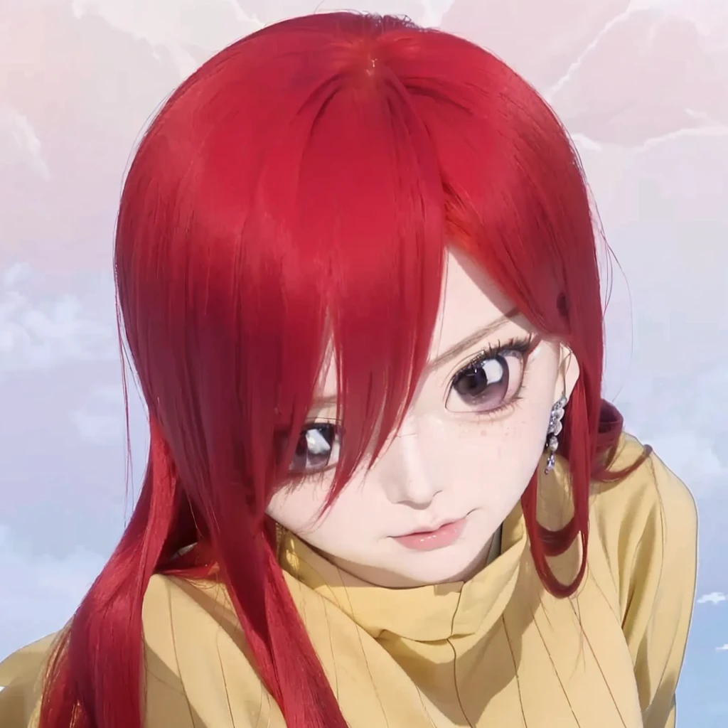 anime girl with red hair and a yellow shirt, erza scarlet as a real person, anime girl named lucy, she has red hair, anime style”, with red hair, female anime character, she has long redorange hair, sakimi chan, (anime girl), with long red hair, anime character, pretty anime girl, red hair girl, as an anime character