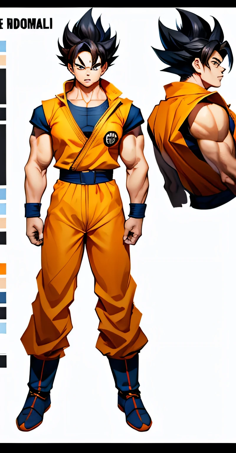 Multi view, front view, front view, side view, rear view, concept art, 1boy, male focus, solo, black hair, kim dokja, full body, white background, spiked hair, boots, exercise suit, standing, simple background, muscle, wristband, goku, orange jumpsuit, hands clenched, arms sides, super saiyan 1, belt, blue footwear