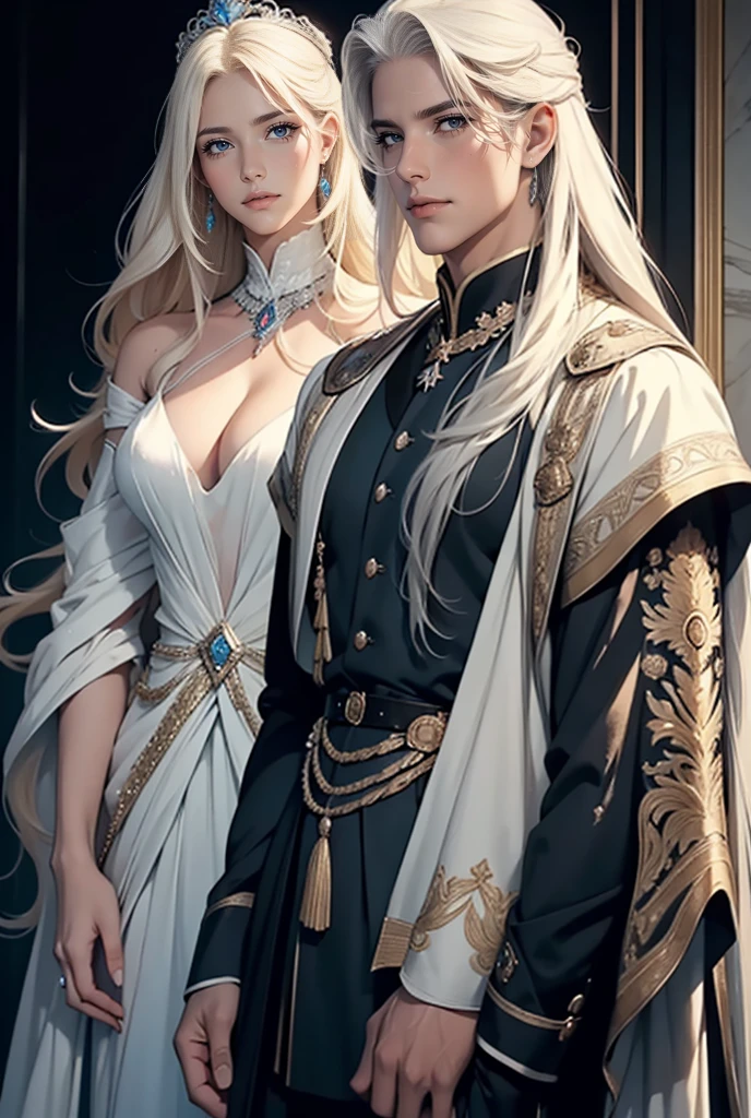 A tall, handsome, statuesque, courageous young man-platinum blonde, dressed in an ancient military uniform, he has armor, long straight platinum hair, blue eyes, tanned skin, he sits astride a black horse, and looks at an incredibly beautiful young femme fatale blonde with blue eyes, dressed in a luxurious princess dress, she has long golden hair, long bangs, tiara. They're in love.Masterpiece, beautiful face, beautiful  features, perfect image, realistic photos, full-length image, 8k, detailed image, extremely detailed illustration, a real masterpiece of the highest quality, with careful drawing. glow. In full growth.