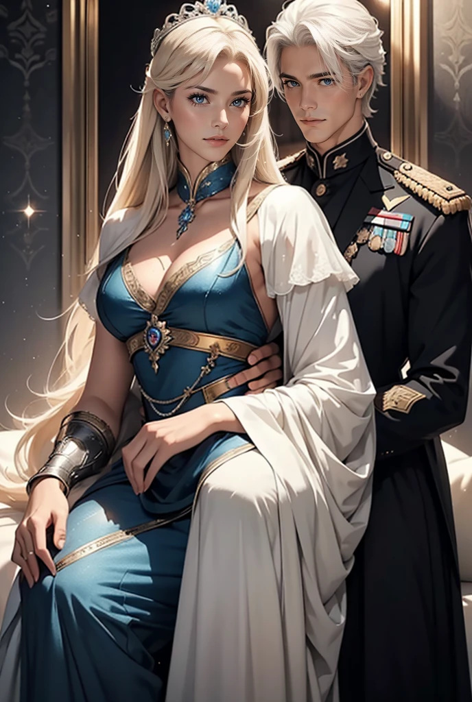 A tall, handsome, statuesque, courageous young man-platinum blonde, dressed in an ancient military uniform, he has armor, long straight platinum hair, blue eyes, tanned skin, he sits astride a black horse, and looks at an incredibly beautiful young femme fatale blonde with blue eyes, dressed in a luxurious princess dress, she has long golden hair, long bangs, tiara. They're in love.Masterpiece, beautiful face, beautiful facial features, perfect image, realistic photos, full-length image, 8k, detailed image, extremely detailed illustration, a real masterpiece of the highest quality, with careful drawing. glow. In full growth.