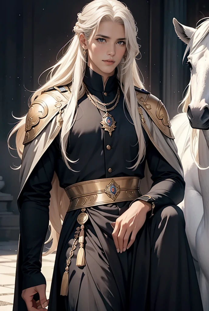 A tall, handsome, statuesque, courageous young man-platinum blonde, dressed in an ancient military uniform, he has armor, long straight platinum hair, blue eyes, tanned skin, he sits astride a black horse, and looks at an incredibly beautiful young femme fatale blonde with blue eyes, dressed in a luxurious princess dress, she has long golden hair, long bangs, tiara. They're in love.Masterpiece, beautiful face, beautiful facial features, perfect image, realistic photos, full-length image, 8k, detailed image, extremely detailed illustration, a real masterpiece of the highest quality, with careful drawing. glow. In full growth.