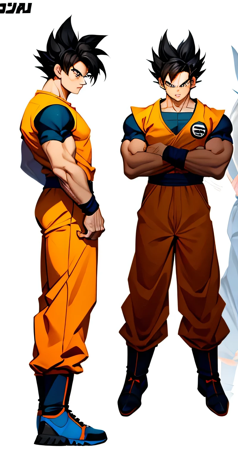 Multi view, front view, front view, side view, rear view, concept art, 1boy, male focus, solo, black hair, kim dokja, full body, white background, spiked hair, boots, exercise suit, standing, simple background, muscle, wristband, goku, orange jumpsuit, hands clenched, arms sides, super saiyan 1, belt, blue footwear