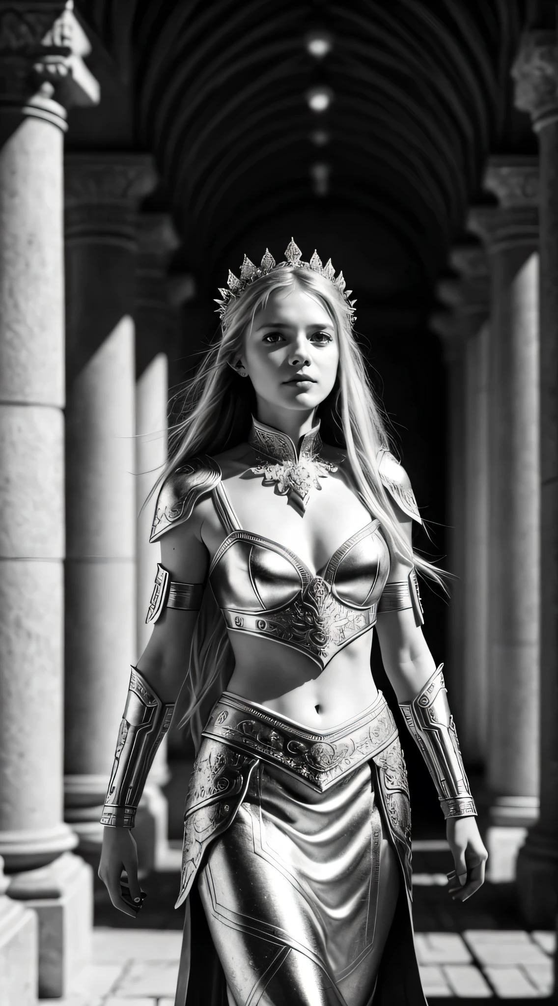 Astonishing Masterpiece: A Young Woman, Clad in Light Silver and Ornately Decorated Armor, Strikes a Walking Pose in Slow Motion. Shot from the Front, Her Half-Body is Captured in the Highest Quality, Showcasing a Perfect Figure and Detailed Face and Eyes.bloom Effect Adds an Insanely Detailed Aesthetic, Reminiscent of Concept Art by Alessandro Casagrande, Greg Rutkowski, or Sally Mann. The Scene is Set in a Temple Background, with Realistic Shadows and a 3D Depth that Amplifies the Photo's Realism. Her Long Blonde Hair is