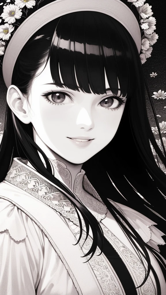 Masterpiece, best quality, (detailed background), high contrast, 1 girl, highly detailed face, wide shot portrait, smiling face, magnificent dress, looking to the sky, flower background, clean line drawings,