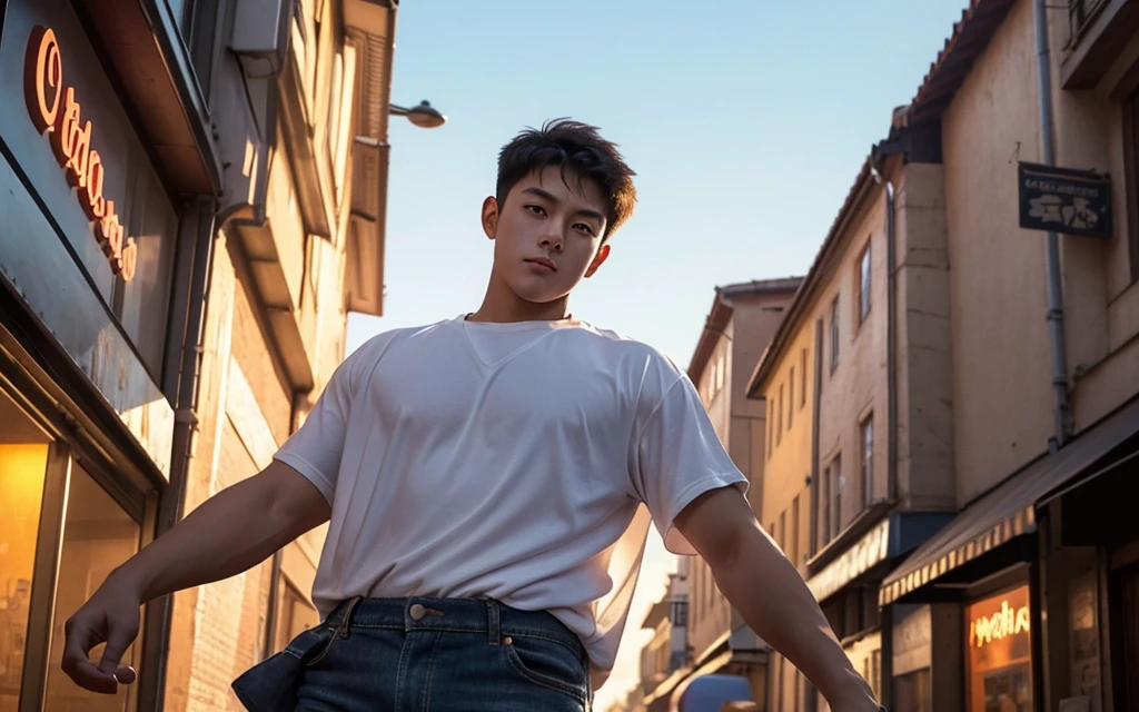 In the midst of a city at dusk, a young Chinese boy stands on a cobblestone street, bathed in the warm, orange glow of the setting sun. The sky behind him is painted with hues of pink and orange, casting a dreamlike filter over the scene.

His hair is straight and natural, with bangs softly brushed by a gentle breeze. His face is youthful and clean-shaven, exuding an innocent charm. He wears a simple white T-shirt that clings to his muscular frame, highlighting his well-defined pecs and strong muscles. His hands rest casually in the pockets of his jeans, conveying a relaxed and confident demeanor.

Behind him, the lively street is lined with shops and neon lights that twinkle in various colors. People hustle and bustle, but he seems detached from the commotion. His gaze is soft and contemplative, fixed on the distant horizon, as if lost in thought. A faint smile plays on his lips, though his eyes reveal a hint of sadness and nostalgia.
((depth of field)),((open and vast place)),telephoto lens,(((close-up))),(chest focus),(((perspective from below))),(simple background),(simple color),((blurry)),(horizon),
 1boy,cool guy,peaceful,((floating short hair)),((((bangs)))),(((soft clean hair))),(((silky skin))) ,((smooth skin)) ,clean body,(clean face),((smooth face)),(natural pretty face),((adam's apple)),((looking at you)),((solo)),(teenage),(wind),(chin up),(hopeful),
((skin tight open shirt)),(mini white shirt),see-through,
(narrow waist),slender waist,muscular,(broad shoulders),((huge wide chest)),(((huge plump chest)))