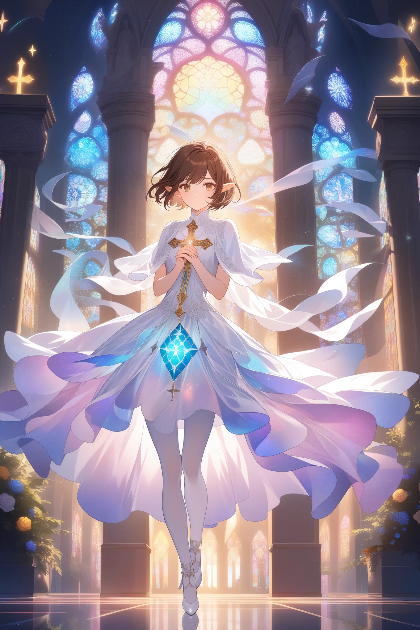 1girl ,20s,brown hair,short hair,white high heels,white pantyhose,pointy ears,church, stained glass, in a glowing dress, fantastical, illuminated, serene, majestic, colorful, reflective, ethereal, spiritual, tranquil, vibrant, intricate, patterned, ornate, mystical, elegant, shimmering, radiant, graceful, peaceful, historic, sacred, artistic, dreamy, whimsical, solemn, enchanting, divine, holding a crucifix with both hands