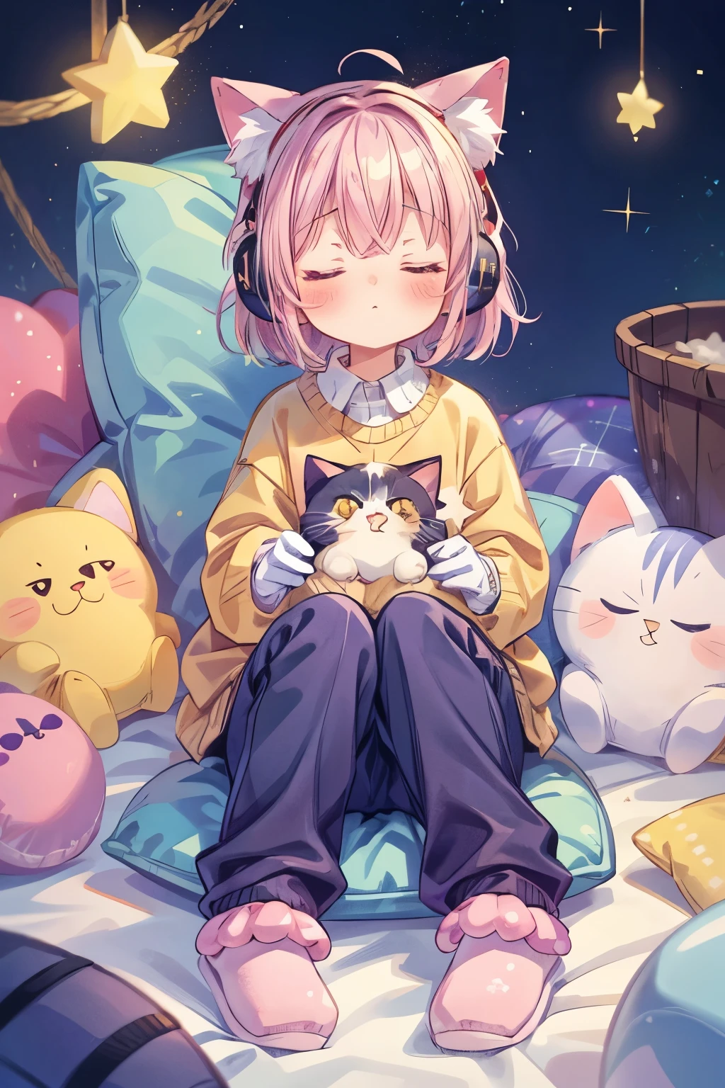 cat girl, solo, gloves, fluffy clothes, pants, sweater, sleeves, socks, slippers, pastel colors, (purple, blue, pink, yellow), cozy, dreamy, stars, stickers, bubbles, glitter, sparkles, plushies, headphones