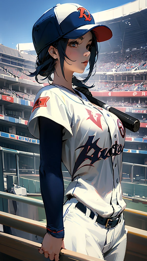 Baseball cap、Baseball uniforms、Large Breasts、Girl、Holding a bat、Stadium、Upper Body、Subjective。