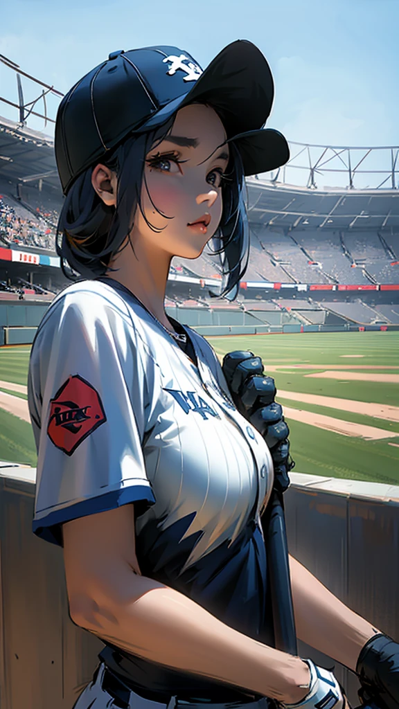 Baseball cap、Baseball uniforms、Large Breasts、Girl、Holding a bat、Stadium、Upper Body、Subjective。