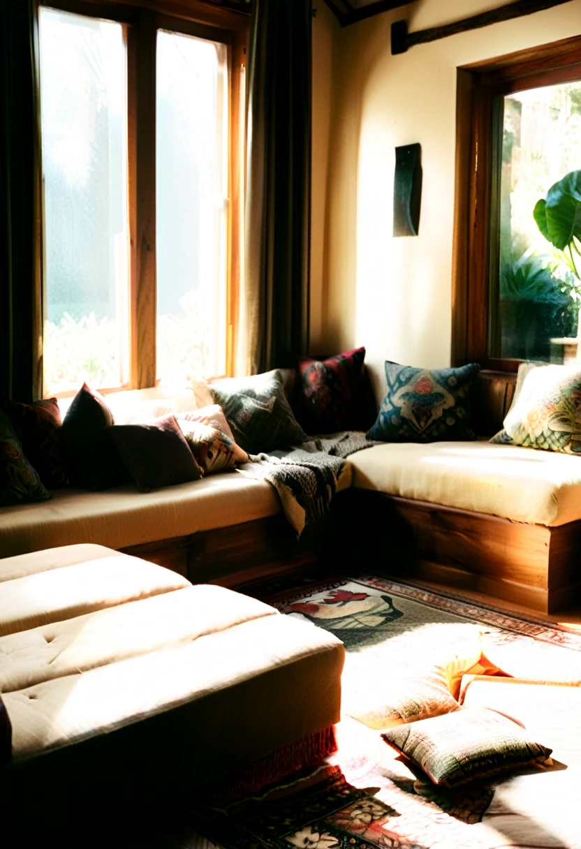 Create a hyper-realistic image of a cozy, sunlit room with a low wooden table and floor cushions. The room should have a large window letting in natural light, illuminating the space. Include elements such as potted plants, a patterned rug, and bookshelves filled with books and small decorative items. The window should offer a view of a lush garden outside. Use warm, inviting colors and soft lighting to enhance the cozy atmosphere. The overall scene should be serene and welcoming, capturing the essence of a peaceful and comfortable living space