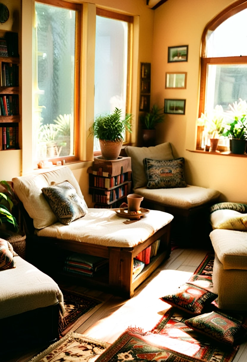 Create a hyper-realistic image of a cozy, sunlit room with a low wooden table and floor cushions. The room should have a large window letting in natural light, illuminating the space. Include elements such as potted plants, a patterned rug, and bookshelves filled with books and small decorative items. The window should offer a view of a lush garden outside. Use warm, inviting colors and soft lighting to enhance the cozy atmosphere. The overall scene should be serene and welcoming, capturing the essence of a peaceful and comfortable living space