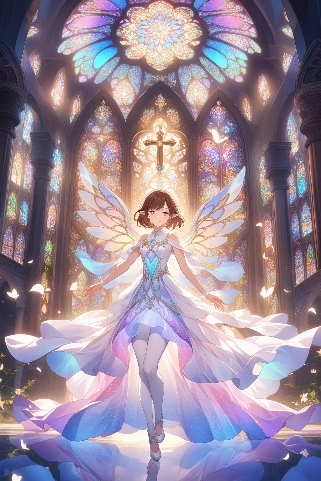 1girl ,20s,brown hair,short hair,white high heels,white pantyhose,pointy ears,church, stained glass, in a glowing dress, fantastical, illuminated, serene, majestic, colorful, reflective, ethereal, spiritual, tranquil, vibrant, intricate, patterned, ornate, mystical, elegant, shimmering, radiant, graceful, peaceful, historic, sacred, artistic, dreamy, whimsical, solemn, enchanting, divine, holding a crucifix with both hands