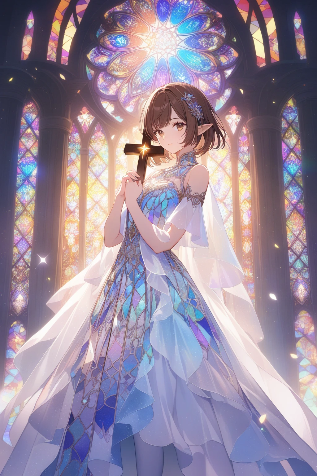 1girl ,20s,brown hair,short hair,white high heels,white pantyhose,pointy ears,church, stained glass, in a glowing dress, fantastical, illuminated, serene, majestic, colorful, reflective, ethereal, spiritual, tranquil, vibrant, intricate, patterned, ornate, mystical, elegant, shimmering, radiant, graceful, peaceful, historic, sacred, artistic, dreamy, whimsical, solemn, enchanting, divine, holding a crucifix with both hands