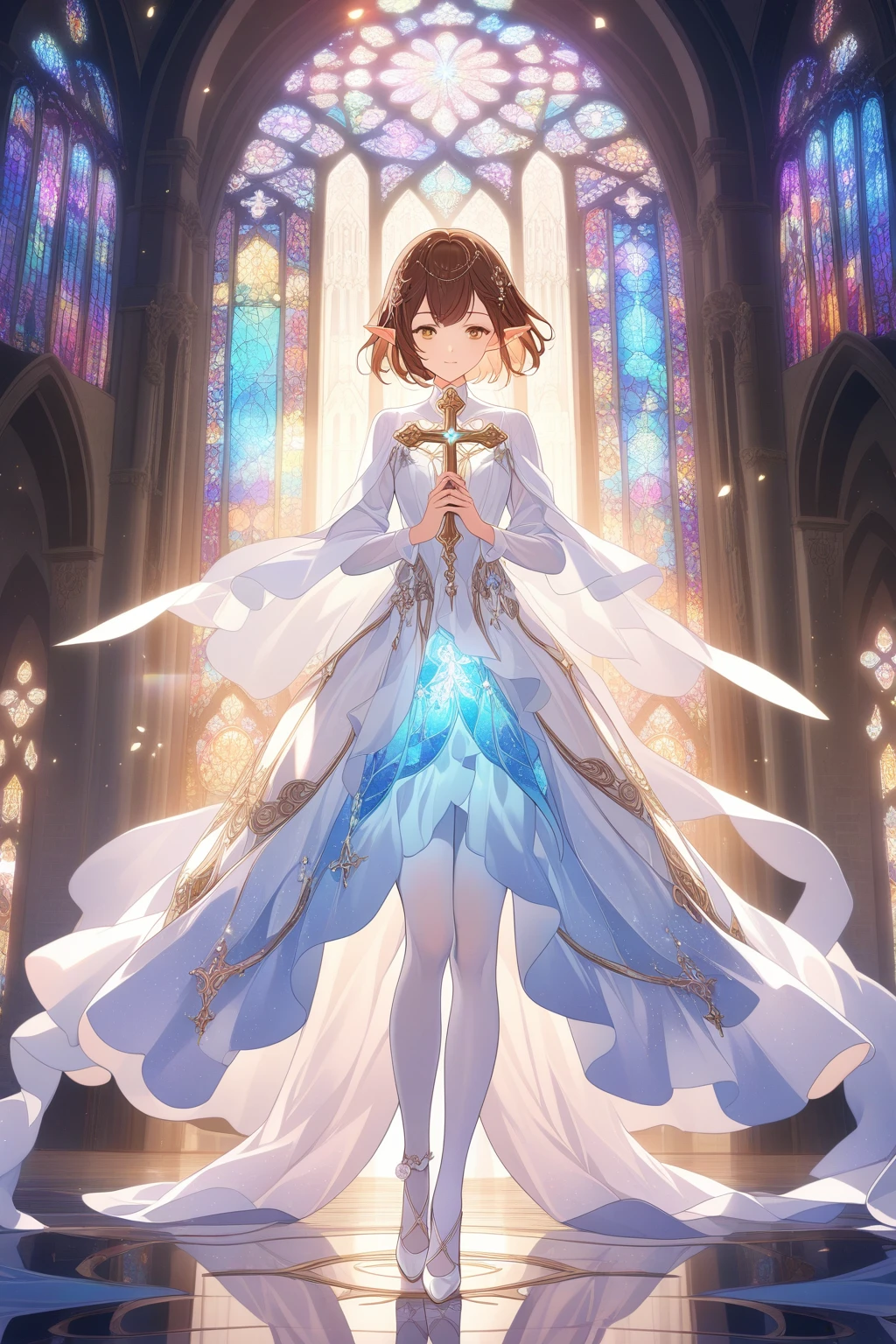 1girl ,20s,brown hair,short hair,white high heels,white pantyhose,pointy ears,church, stained glass, in a glowing dress, fantastical, illuminated, serene, majestic, colorful, reflective, ethereal, spiritual, tranquil, vibrant, intricate, patterned, ornate, mystical, elegant, shimmering, radiant, graceful, peaceful, historic, sacred, artistic, dreamy, whimsical, solemn, enchanting, divine, holding a crucifix with both hands
