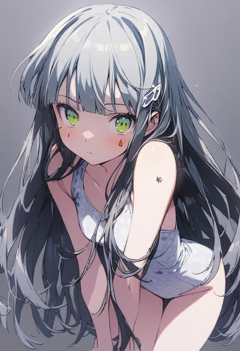 （(1girl)），16K,ultra detailed,(((high resolution)))，straight hair,large breatst,(Masterpiece)，Super detailed，Simple Background，White background，Cool look,((HK416)) ，expressionless，（white hair)，((long hair))，Teenage Girls,Clear Eyes，(Green Eyes),Clear white skin,Great graphics,((full body)),((white clothes))、leotard,Thighs、Exposing shoulders