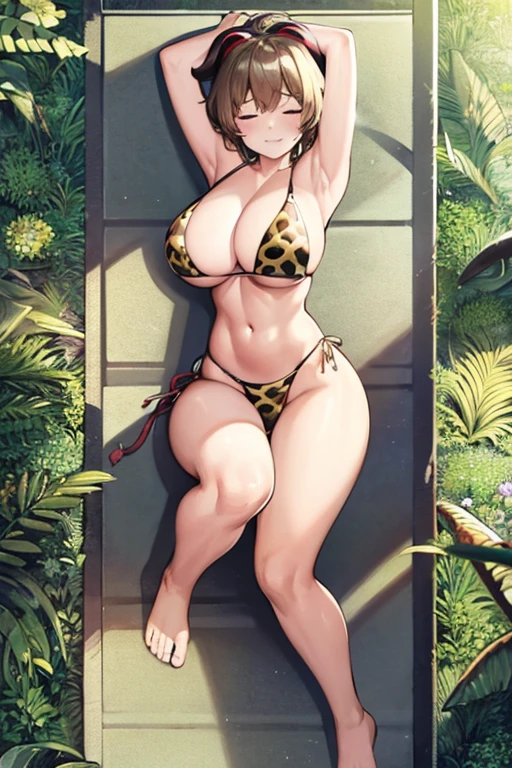 masterpiece, high resolution, best quality, rendered art, beautiful art, well formed fingers,body and hands, 1 woman, solo, Ganyu, goat horns, wearing Cavewoman's outfit, 31 years old, big breasted, cleavage, sexy and skimpy jungle bikini, pelvic curtain, bikini thong, brunette, sexy and gorgeous hips, legs and thighs, ryona,in peril, she is defeated, knocked out, passed out, closed eyes, exhausted, unconscious, laying down on the sand, extended exposed body, full body on the sand, breathing heavily, sexy smirk on her face, bouncing breasts, sexy defeated pose, defeat and KO scene, fallen beauty, martial arts tournament with beach environment ,