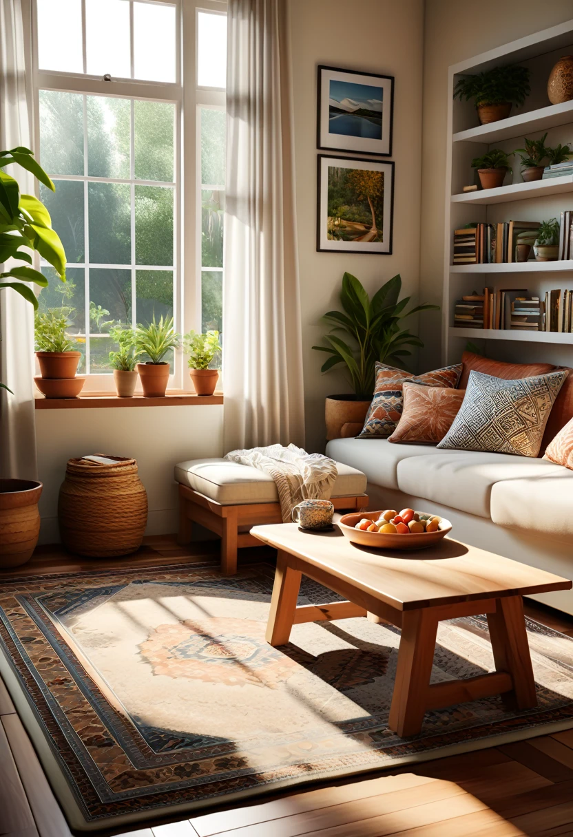 Create a hyper-realistic image of a cozy, sunlit room with a low wooden table and floor cushions. The room should have a large window letting in natural light, illuminating the space. Include elements such as potted plants, a patterned rug, and bookshelves filled with books and small decorative items. The window should offer a view of a lush garden outside. Use warm, inviting colors and soft lighting to enhance the cozy atmosphere. The overall scene should be serene and welcoming, capturing the essence of a peaceful and comfortable living space