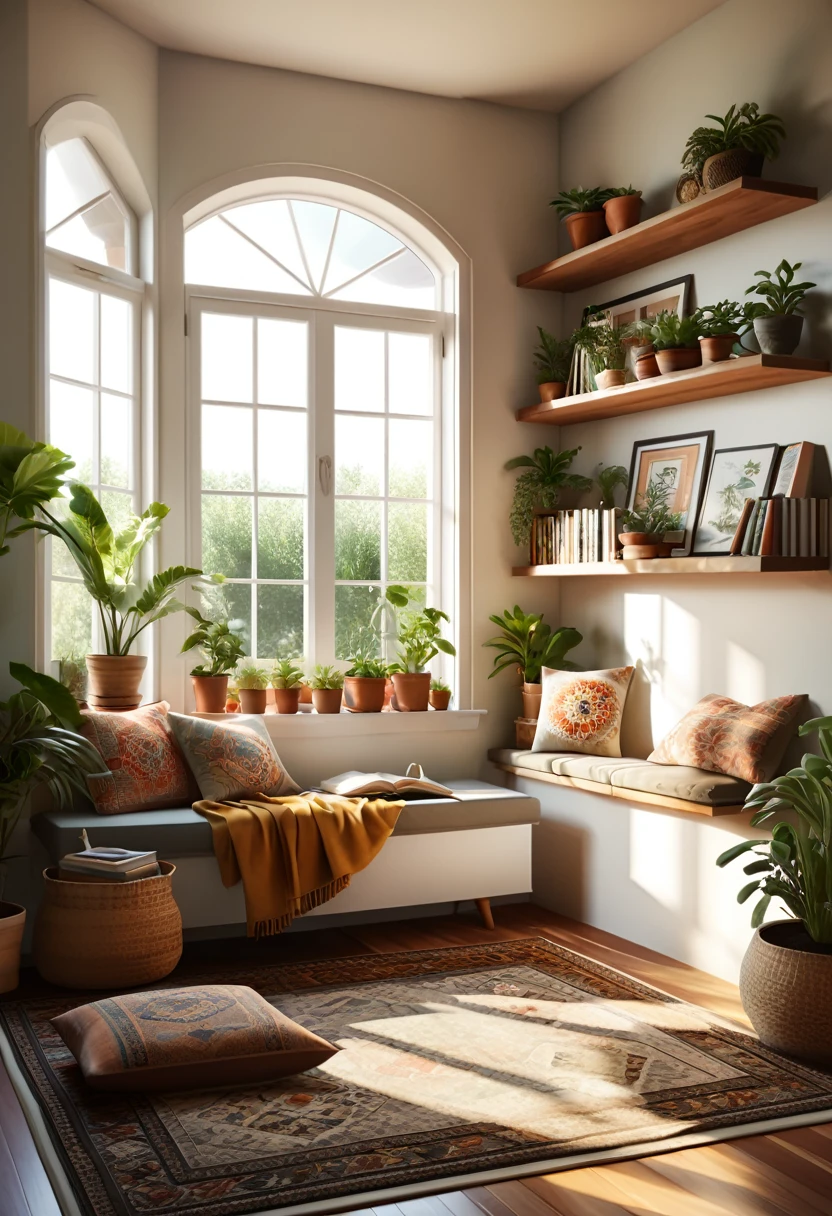 Create a hyper-realistic image of a cozy, sunlit room with a low wooden table and floor cushions. The room should have a large window letting in natural light, illuminating the space. Include elements such as potted plants, a patterned rug, and bookshelves filled with books and small decorative items. The window should offer a view of a lush garden outside. Use warm, inviting colors and soft lighting to enhance the cozy atmosphere. The overall scene should be serene and welcoming, capturing the essence of a peaceful and comfortable living space