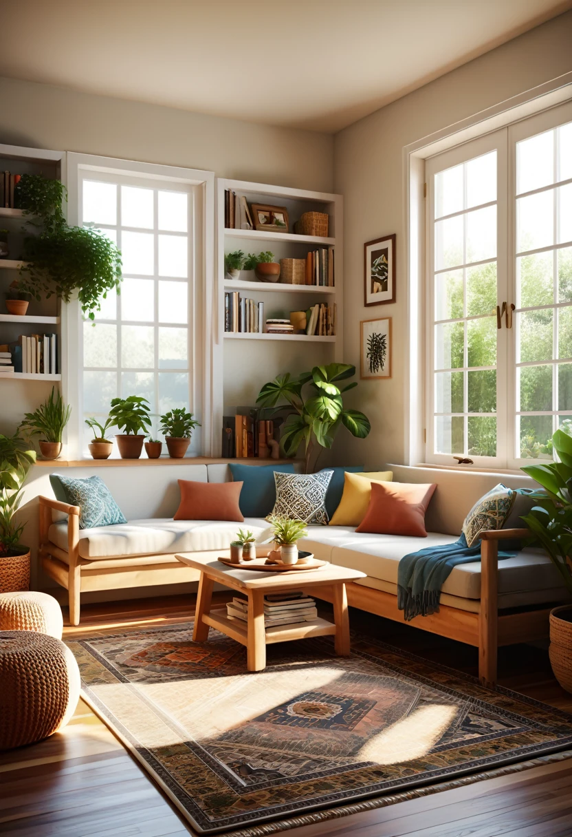 Create a hyper-realistic image of a cozy, sunlit room with a low wooden table and floor cushions. The room should have a large window letting in natural light, illuminating the space. Include elements such as potted plants, a patterned rug, and bookshelves filled with books and small decorative items. The window should offer a view of a lush garden outside. Use warm, inviting colors and soft lighting to enhance the cozy atmosphere. The overall scene should be serene and welcoming, capturing the essence of a peaceful and comfortable living space