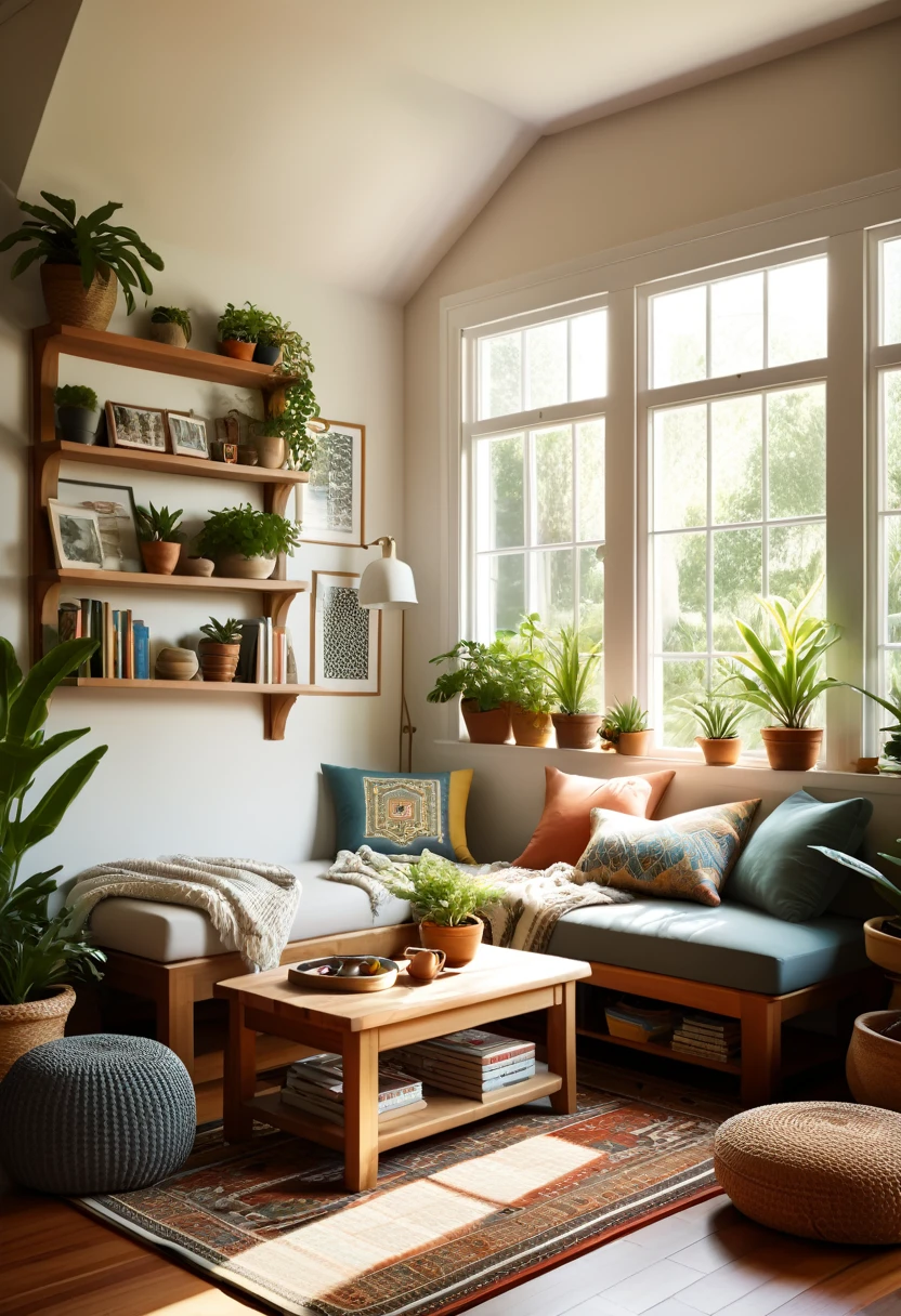 Create a hyper-realistic image of a cozy, sunlit room with a low wooden table and floor cushions. The room should have a large window letting in natural light, illuminating the space. Include elements such as potted plants, a patterned rug, and bookshelves filled with books and small decorative items. The window should offer a view of a lush garden outside. Use warm, inviting colors and soft lighting to enhance the cozy atmosphere. The overall scene should be serene and welcoming, capturing the essence of a peaceful and comfortable living space