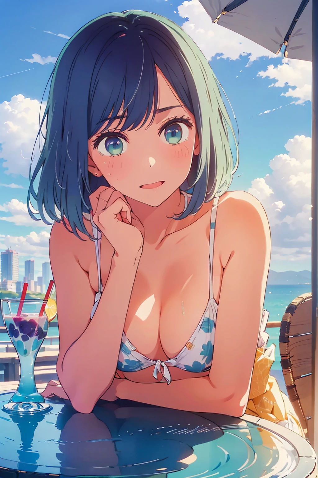 (Highest quality:1.4、8K:1.4、detailed)、F cup bust、Big Breasts、Slim body、Very white beautiful skin、((((1 person、Surprised expression、sit、Chair、In the background are the urban buildings of Tokyo、looking at the camera、Outdoor café terrace、coastal、Navy hair color、juice、Shooting up close、table、Very cute face))))、(bikini、Pose of putting hair behind ears with hands:1.4、nude)、Very blue sky、A completely cloudless sky