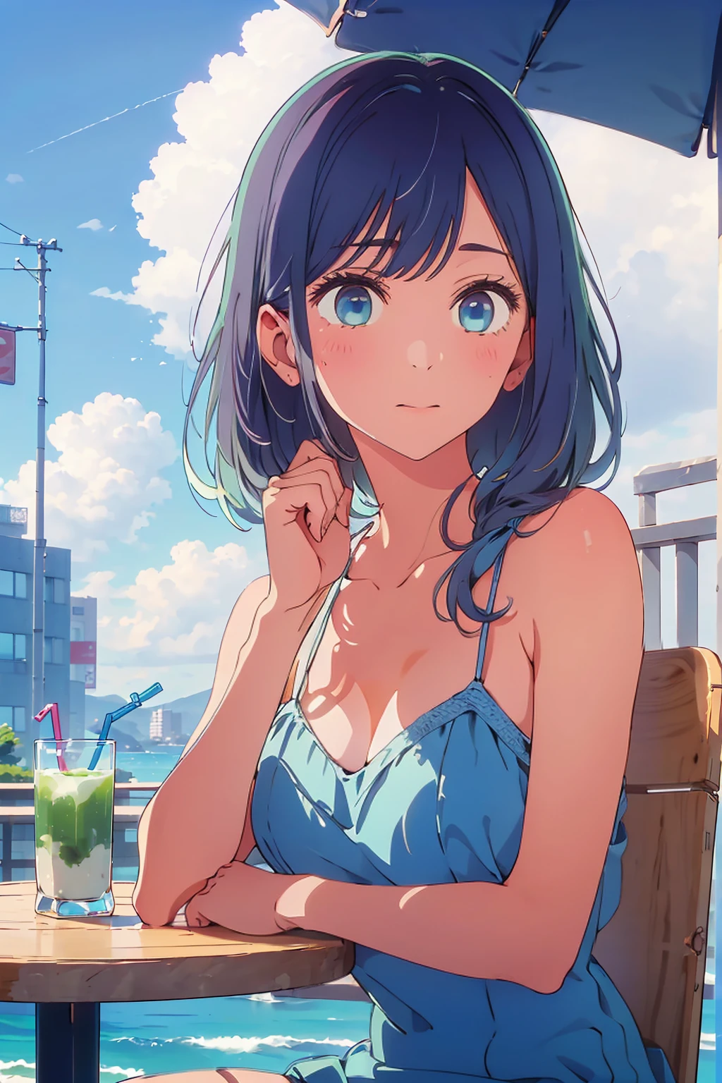 (Highest quality:1.4、8K:1.4、detailed)、F cup bust、Big Breasts、Slim body、Very white beautiful skin、((((1 person、Surprised expression、sit、Chair、In the background are the urban buildings of Tokyo、looking at the camera、Outdoor café terrace、coastal、Navy hair color、juice、Shooting up close、table、Very cute face))))、(bikini、Pose of putting hair behind ears with hands:1.4、nude)、Very blue sky、A completely cloudless sky