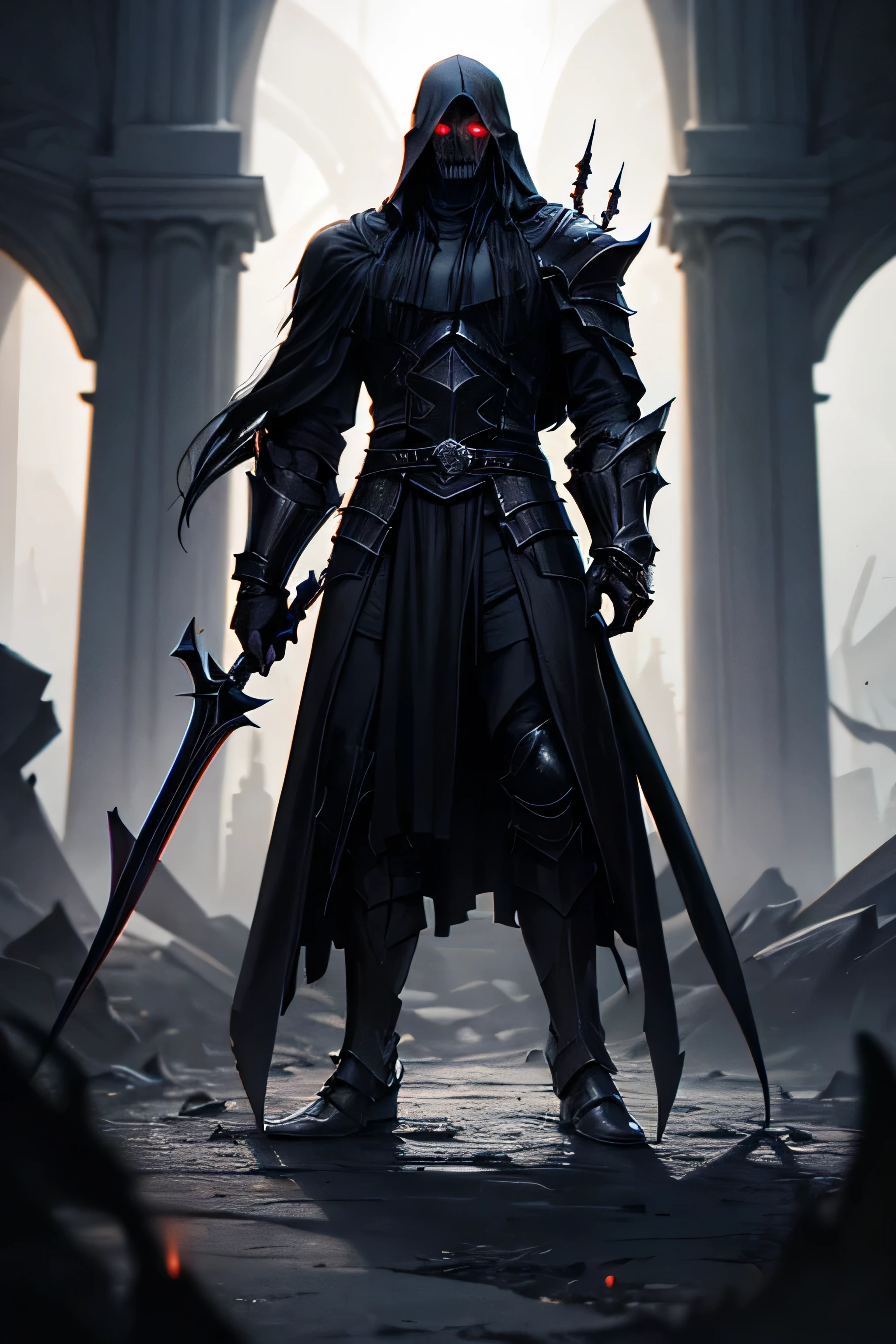 deep darkness, Play of light and shadows, very tall man with armor, scars and burns on the body, devilish smile, Eyes red, Dark and scary appearance. grim reaper, great axe