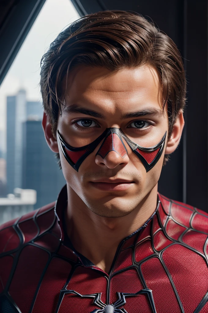A photograph of spider man, no mask, 20 yo, handsome, detailed face, looking at camera, portrait, 8k uhd, high quality
