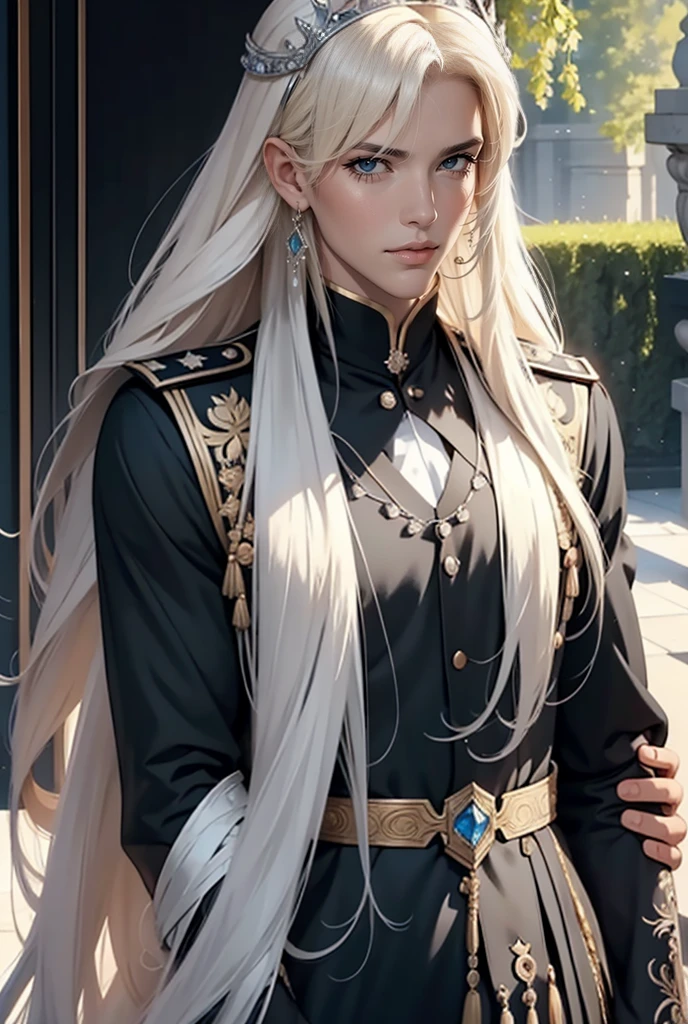 A tall, handsome, statuesque, courageous young man-platinum blonde, dressed in an ancient military uniform, he has armor, long straight platinum hair, blue eyes, tanned skin, he sits astride a black horse, and looks at an incredibly beautiful young femme fatale blonde with blue eyes, dressed in a luxurious princess dress, she has long golden hair, long bangs, tiara. They're in love.Masterpiece, beautiful face, beautiful facial features, perfect image, realistic photos, full-length image, 8k, detailed image, extremely detailed illustration, a real masterpiece of the highest quality, with careful drawing. glow. In full growth.