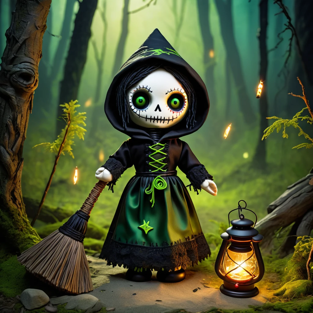 (knitted toy voodoo doll: 1.8), (Voodoo Witch of Shadows: 1.3), (clothes Torn dress of black lace, robe with a hood: 1.0), (Broom with faded branches, cauldron with bubbling green liquid: 1.1) (in the background Forest glade with a circle of stones, flickering fireflies and symbols on the ground: 1.3), best quality, masterpiece, detailed soft oil painting, detailed background, dramatic cinematic lighting, soft edge lighting, professional, dramatic lighting, hard edge lighting, ultra quality, 4k, masterpiece, best quality, 8k, ultra high definition, high resolution, extremely detailed