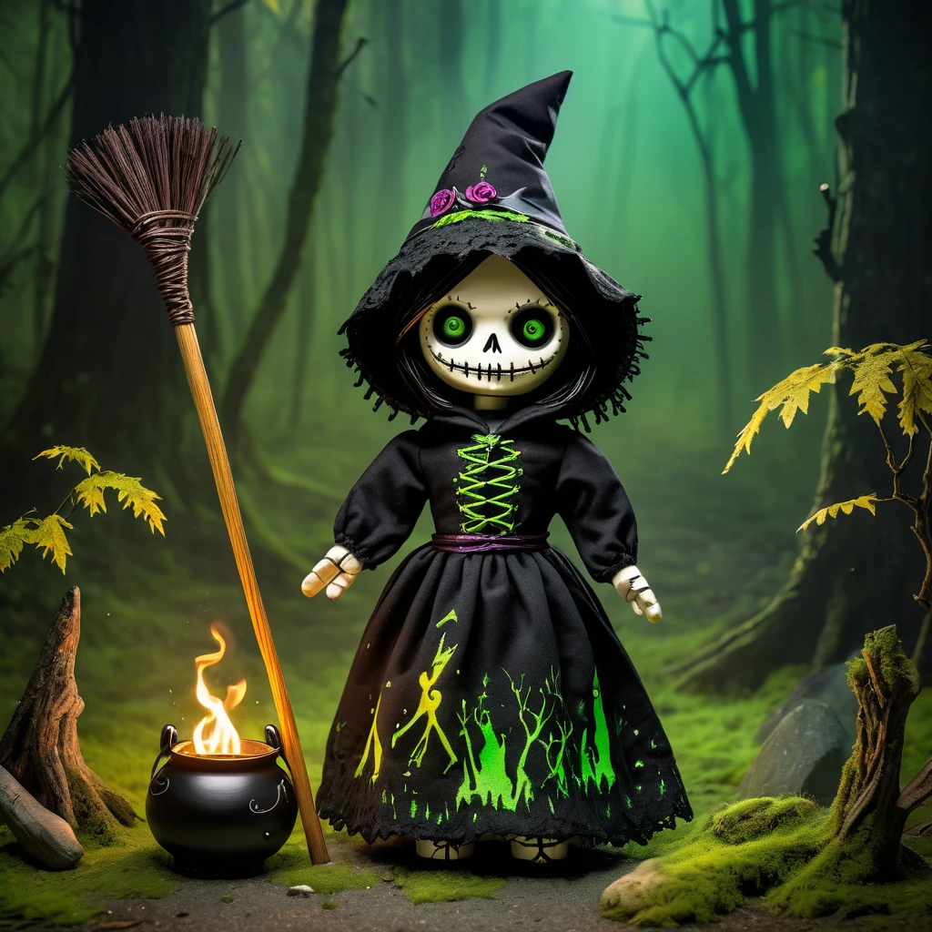 (knitted toy voodoo doll: 1.8), (Voodoo Witch of Shadows: 1.3), (clothes Torn dress of black lace, robe with a hood: 1.0), (Broom with faded branches, cauldron with bubbling green liquid: 1.1) (in the background Forest glade with a circle of stones, flickering fireflies and symbols on the ground: 1.3), best quality, masterpiece, detailed soft oil painting, detailed background, dramatic cinematic lighting, soft edge lighting, professional, dramatic lighting, hard edge lighting, ultra quality, 4k, masterpiece, best quality, 8k, ultra high definition, high resolution, extremely detailed