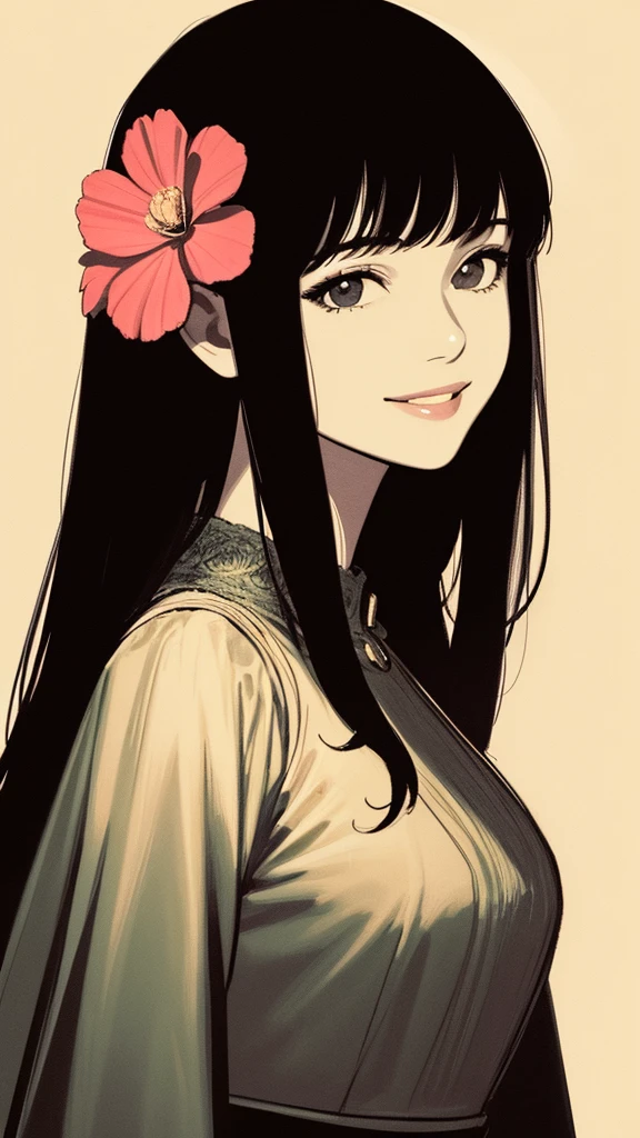 Masterpiece, best quality, (detailed background), high contrast, 1 girl, highly detailed face, wide shot portrait, smiling face, magnificent dress, looking to the sky, flower background, clean line drawings,