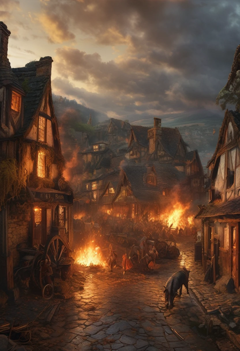 (Award-winning masterpiece:1.5), (incredible detail), (hyper realistic:1.4), (whole body:1.7), (village engulfed in flames), (brutal creature rampaging through the streets), (witches engaging in combat), (spells clashing), (detailed depiction of fire and chaos), (dramatic lighting), (intricate details:1.1)