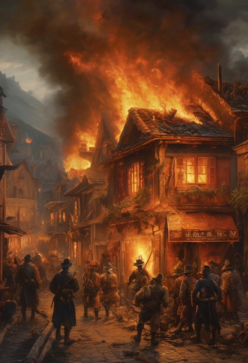 (Award-winning masterpiece:1.5), (incredible detail), (hyper realistic:1.4), (whole body:1.7), (village engulfed in flames), (brutal creature rampaging through the streets), (witches engaging in combat), (spells clashing), (detailed depiction of fire and chaos), (dramatic lighting), (intricate details:1.1)
